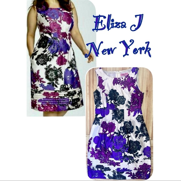 Eliza J Black/Purple Floral Watercolor Pleated Detail Sleeveless Dress - Picture 1 of 12